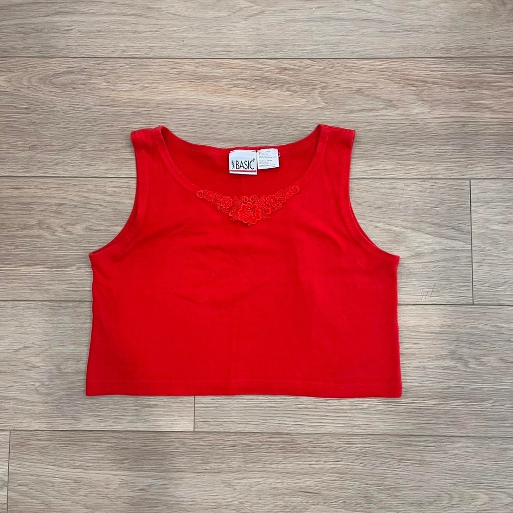Red Cropped‎ Tank Floral Embroidery Cotton Blend Women L Coquette Balletcore Y2K